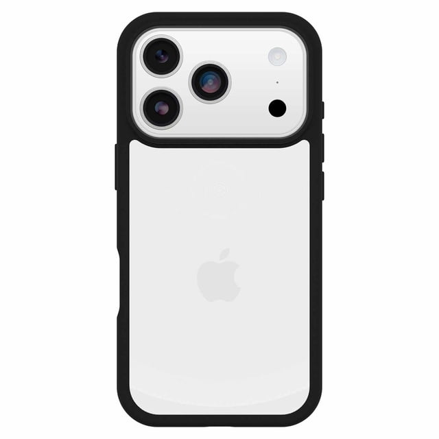 OtterBox Profile Case Black Crystal (Black) for iPhone 17 Pro in Bulk Packaging showing a centered rear view of the ultra-thin hard case with soft black grip edges on a white iPhone 17 Pro, featuring precise cutouts for the triple camera lenses and flash, compatible with wireless charging and designed for easy pocket sliding, also suitable for protecting phones during active use.