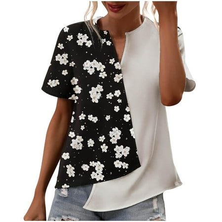 

Women Short Sleeve Split Neck Asymmetric Blouses Patchwork Print Casual Shirts Blouse Tops Corset Tops for Women Black XXL