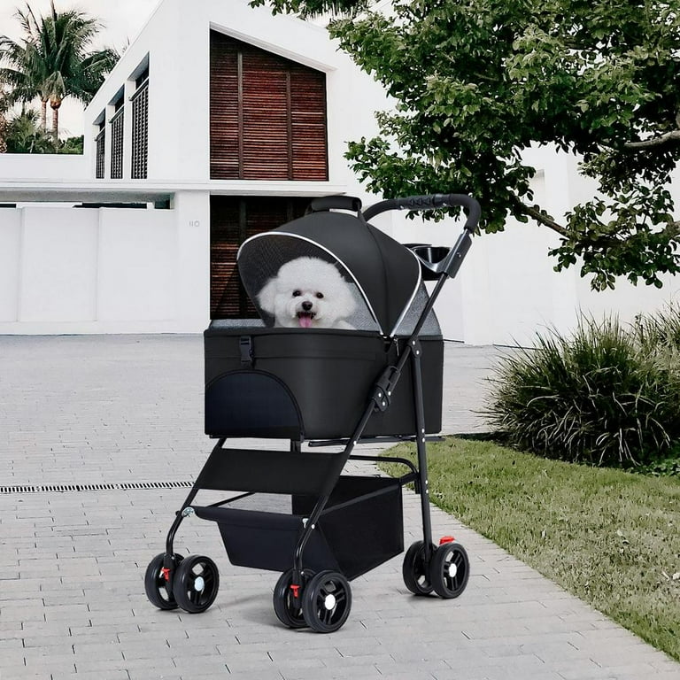 Umbrella-Shaped Dog Stroller For Small & Medium Pets Up To 22 Lbs - Blue Pet Carrier With Canopy, Foot Brake, Storage