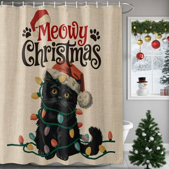 Christmas Black Cat on Linen Shower Curtain for Bathroom, Winter Cartoon Animal Theme Waterproof Shower Curtains Washable Quick Dry with Hooks Bathtub Curtains 72x72IN