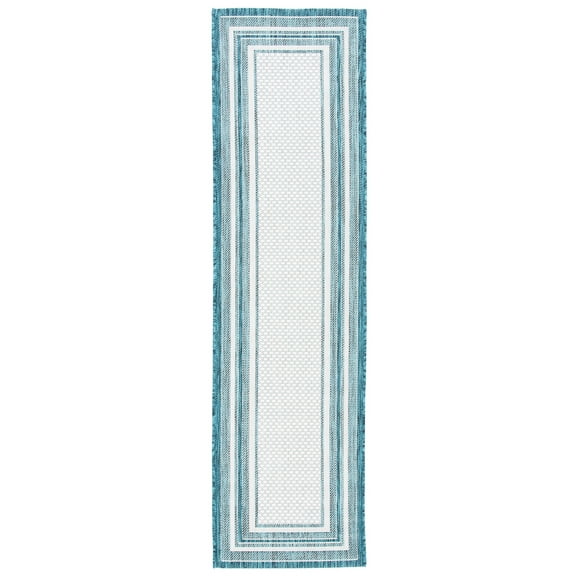 SAFAVIEH Courtyard Ercan Bordered Indoor/Outdoor Runner Rug, Ivory/Teal, 2'3" x 12'