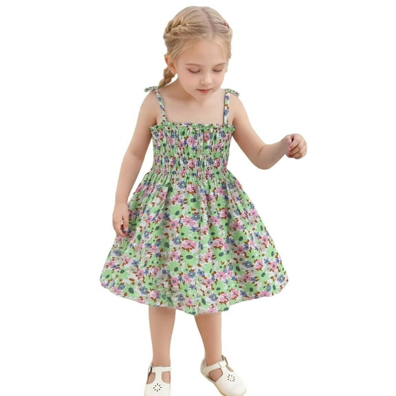 MEZZALL Baby Girls Floral Print Strappy Dress Lightweight Summer Sundress With Adjustable Ties For Beach & Casual Outfits, Green, 18-24 Months