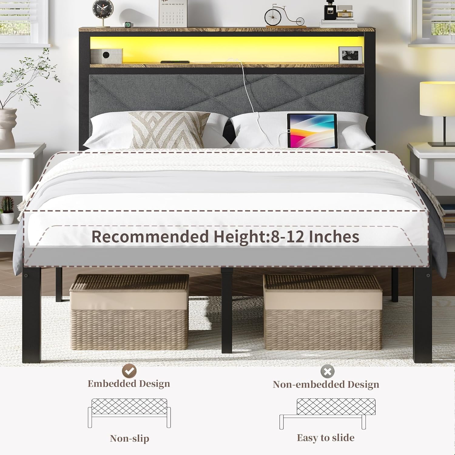 ChicZhiNest Queen Size Bed Frame with Storage Headboard and LED Light, Metal Platform Bed with Charging Station, Dark Gray