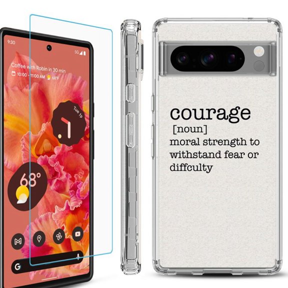 OneToughShield ® Compatible with Google Pixel 8 Pro, Shockproof Phone Case, with Tempered Glass Screen Protector - Dictionary/Courage