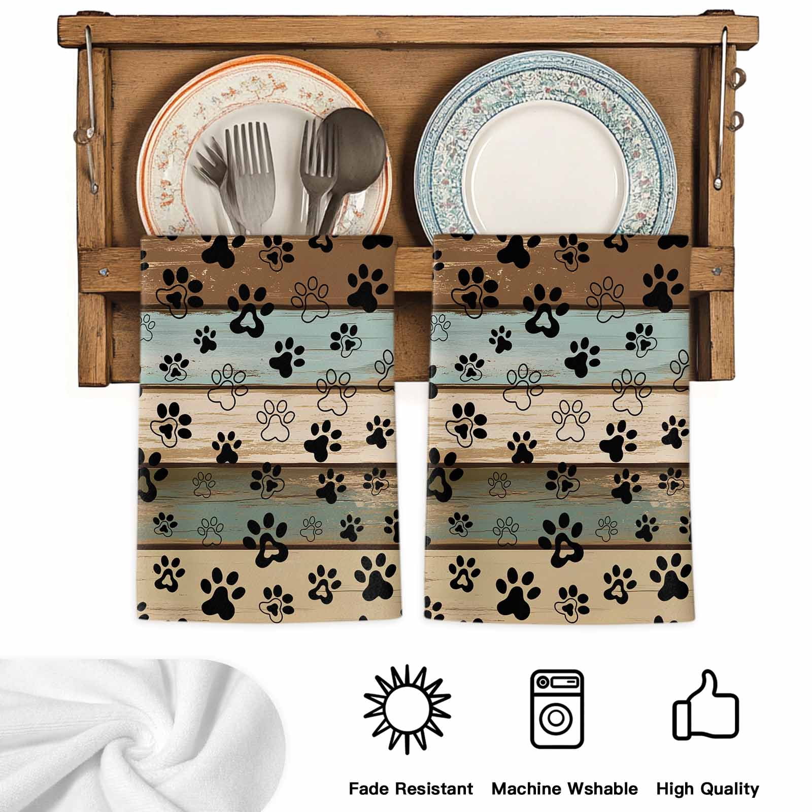 Dog Paws Printed Kitchen Towels Set of 2, Vintage Teal Brown Wooden Farmhouse Soft Microfiber Dish Towels, Absorbent Quick-Dry Washable Dishcloths for Kitchen Cleaning, Drying Dishes, 18x28 Inches