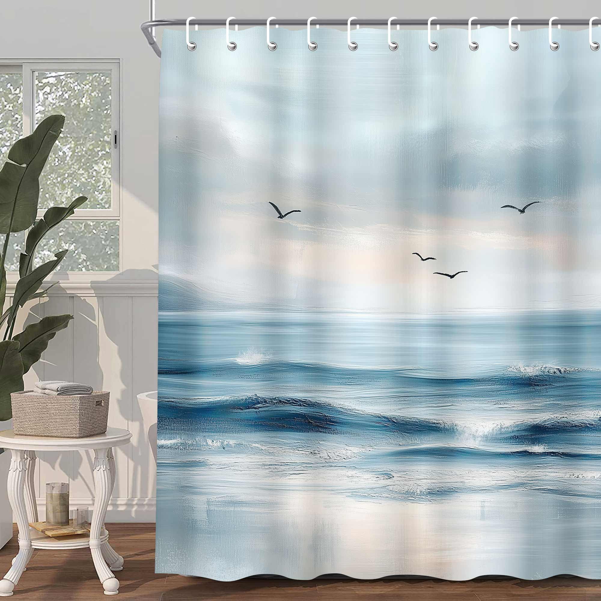 Abstract Beach Shower Curtain, Coastal Teal Oil Painting Ocean Bathroom Curtain, Sea Wave Seagull Nature Landscape Summer Scenery Watercolor Bath Accessories Bathroom Decor Curtains Hooks,72X72