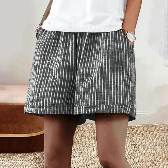 Pounoo Women's Striped Shorts Elastic Waist Drawstring Waistband Shorts Casual Errands Lightweight Soft Fabric Loose Style Shorts Gift