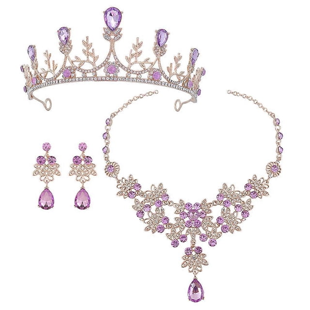 Bride Jewelry Set 1Set Purple Rhinestone Durable Rhinestone Shine Crowns Earrings Necklace for Decor