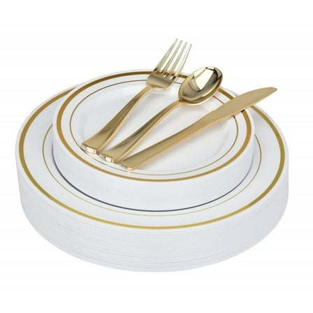 125-Piece White and Gold Fancy Plastic Plates Disposable with Silverware, Elegant Dinnerware for Weddings, Holiday Party China, Set of 25 Dinner   Salad Plates, 25 Spoons, 25 Forks, 25 Knives