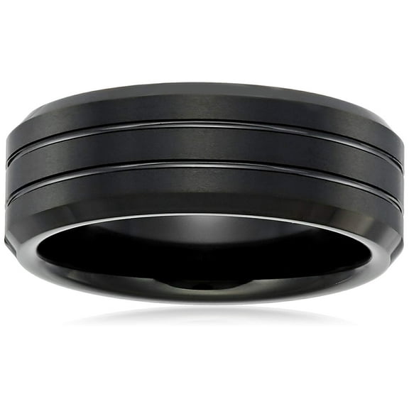 Men's Sapphire Tungsten 8mm Black Finish Grooved Pattern with Beveled Edge Comfort Fit Wedding Band Ring, Size 12
