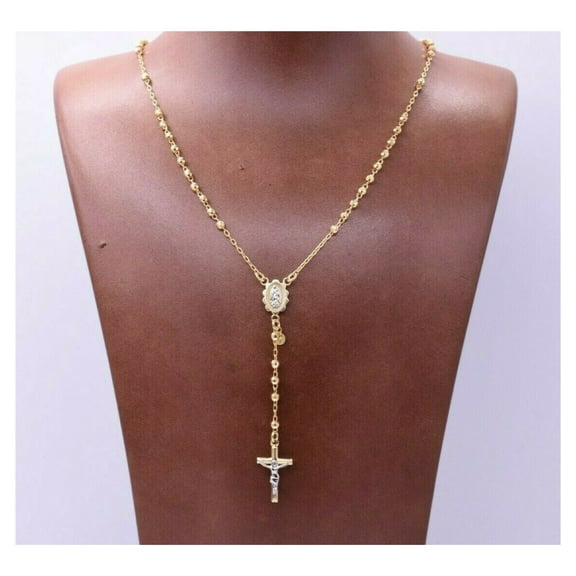 3mm Diamond-Cut Cross Rosary Unisex Adult Chain Necklace 10K Yellow Gold, All Sizes – Goldum NYC