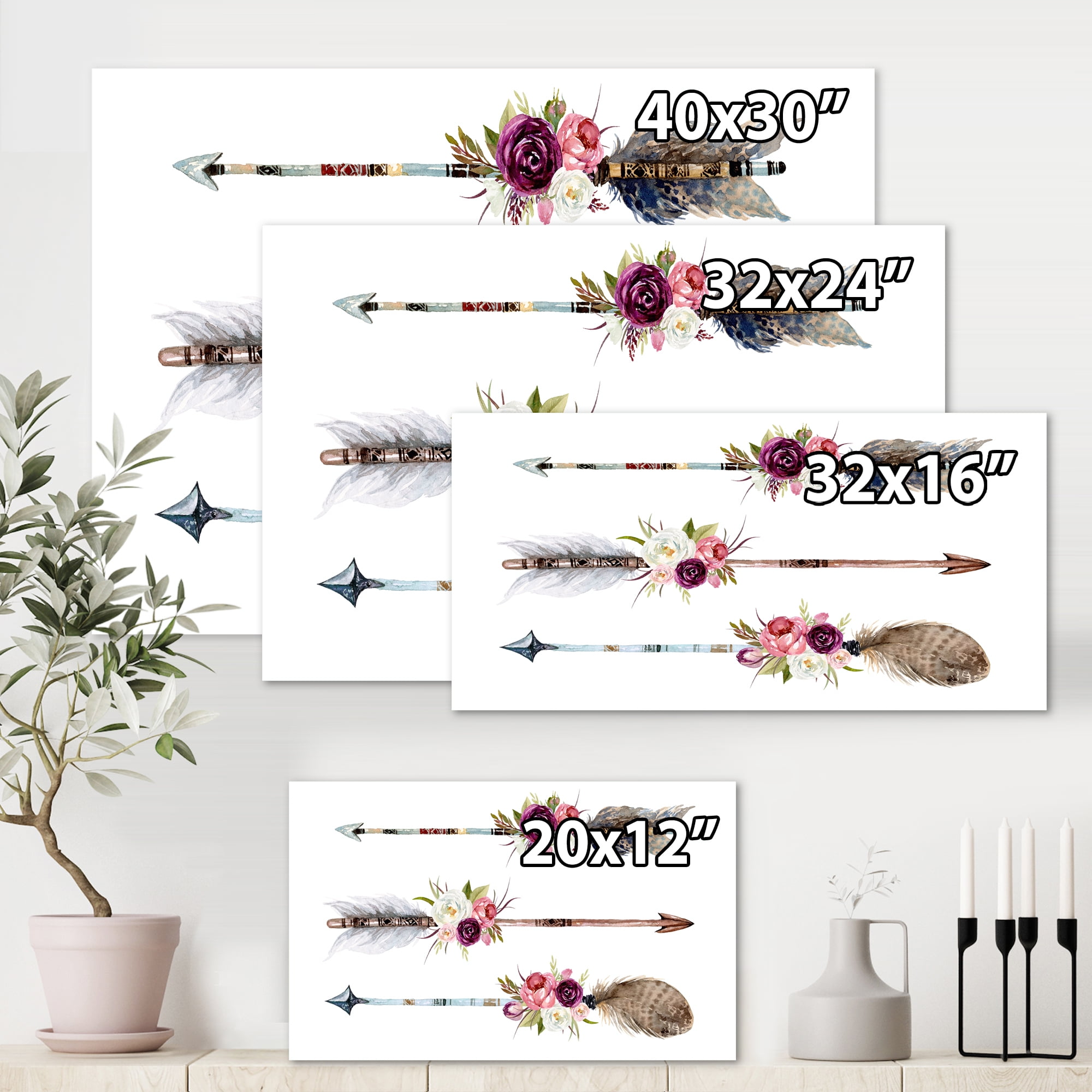 Flowers and Ethnic Feathers On Native Arrows III 8 in x 12 in Painting Canvas Art Print, by Designart