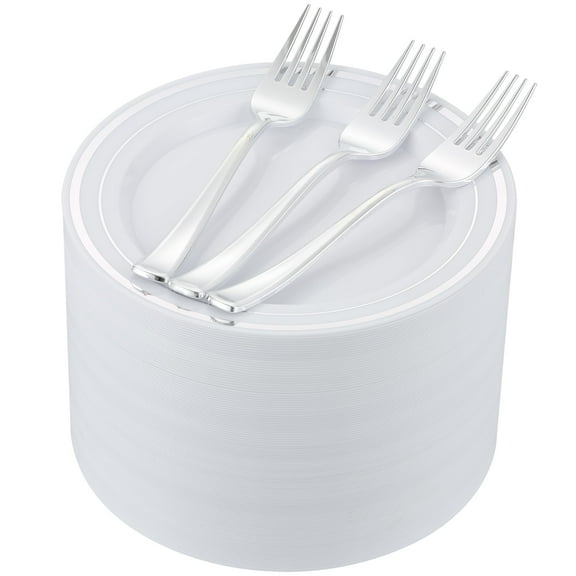 ISFANGCO 200 PCS Silver Dessert Plates AFN1Set for inch Disposable Silver Rimmed White Heavy Duty Plastic Salad Plates with Forks,Cake and Appetizer Plate for Wedding,Birthday and Party