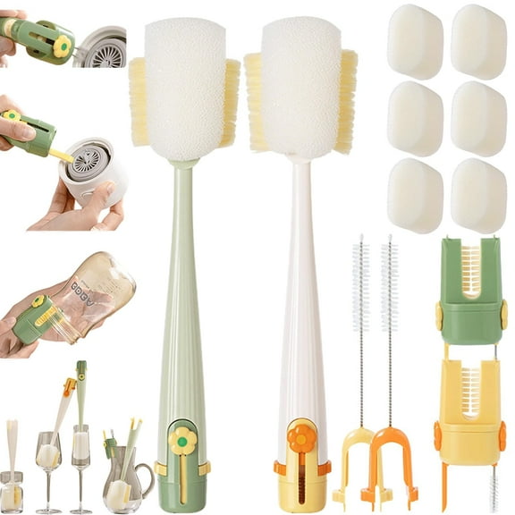 5-in-1 Bottle Cleaning Brush Set, Multifunctional Portable Water Bottle & Cup Cleaner with Long Handle, Hard Bristle Gap Brush and Lid Brush for Travel Mugs, Bottles & Kitchen Use (2PCS, Mix)