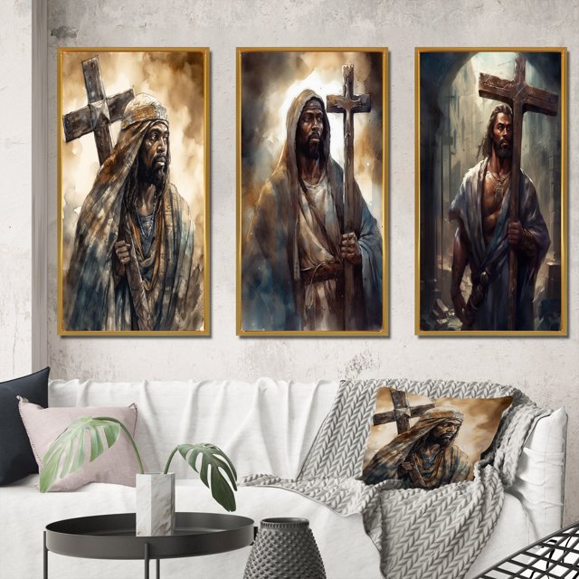 Designart "Jesus with Cross in Black III" Religious Landscape Framed Wall Art Set Of 3 - Black Religious Landscape Frame Gallery Wall Set For Home Decor