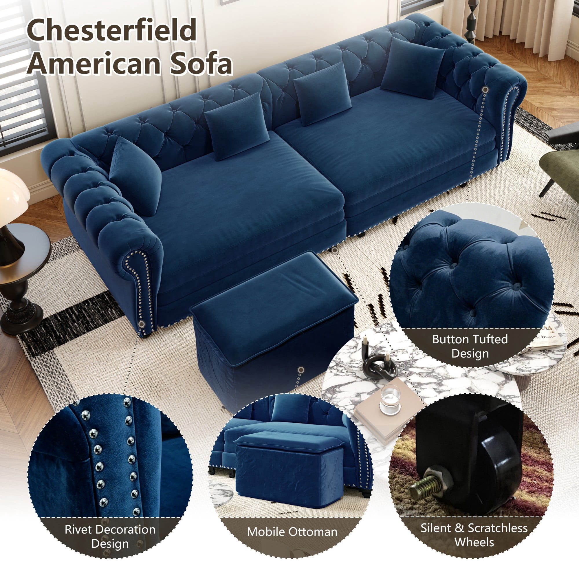 DEALTOPS 89" Velvet King Size Pull-Out Sofa Bed, 3-in-1 Convertible Sleeper Sofa with Ottoman & 4 Pillows, Blue