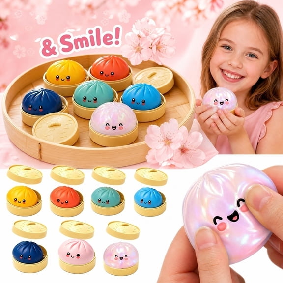Squishy Dumplings Steamed Bun Stress Relief Toy, 3.35 Inches Slow Rising Fidget Toys with Basket Style Base Random Style
