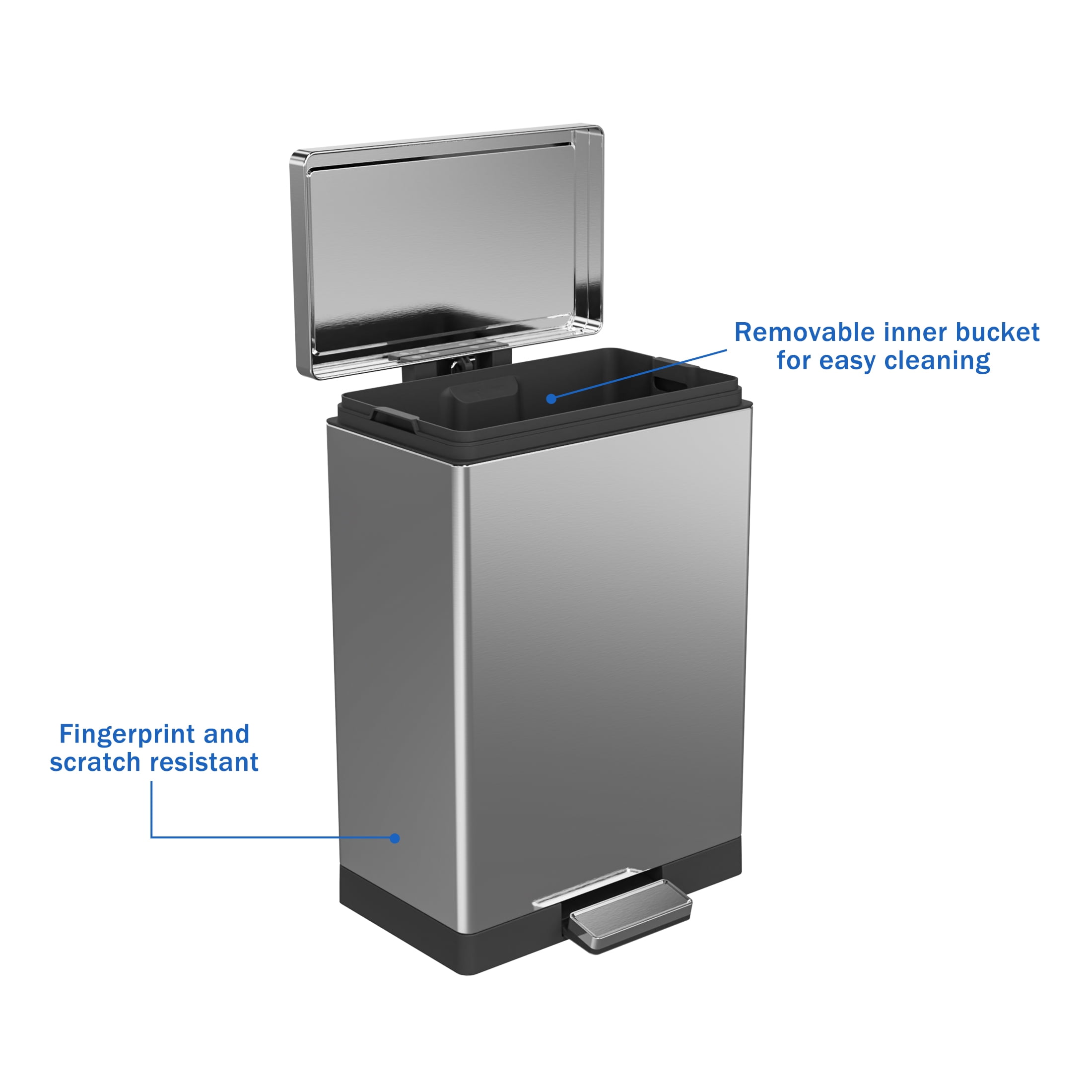 SimplyKleen Rectangular Hands-Free Kitchen Step Trash Can with Soft-Close Lid - 10.5 Gallon, Stainless Steel