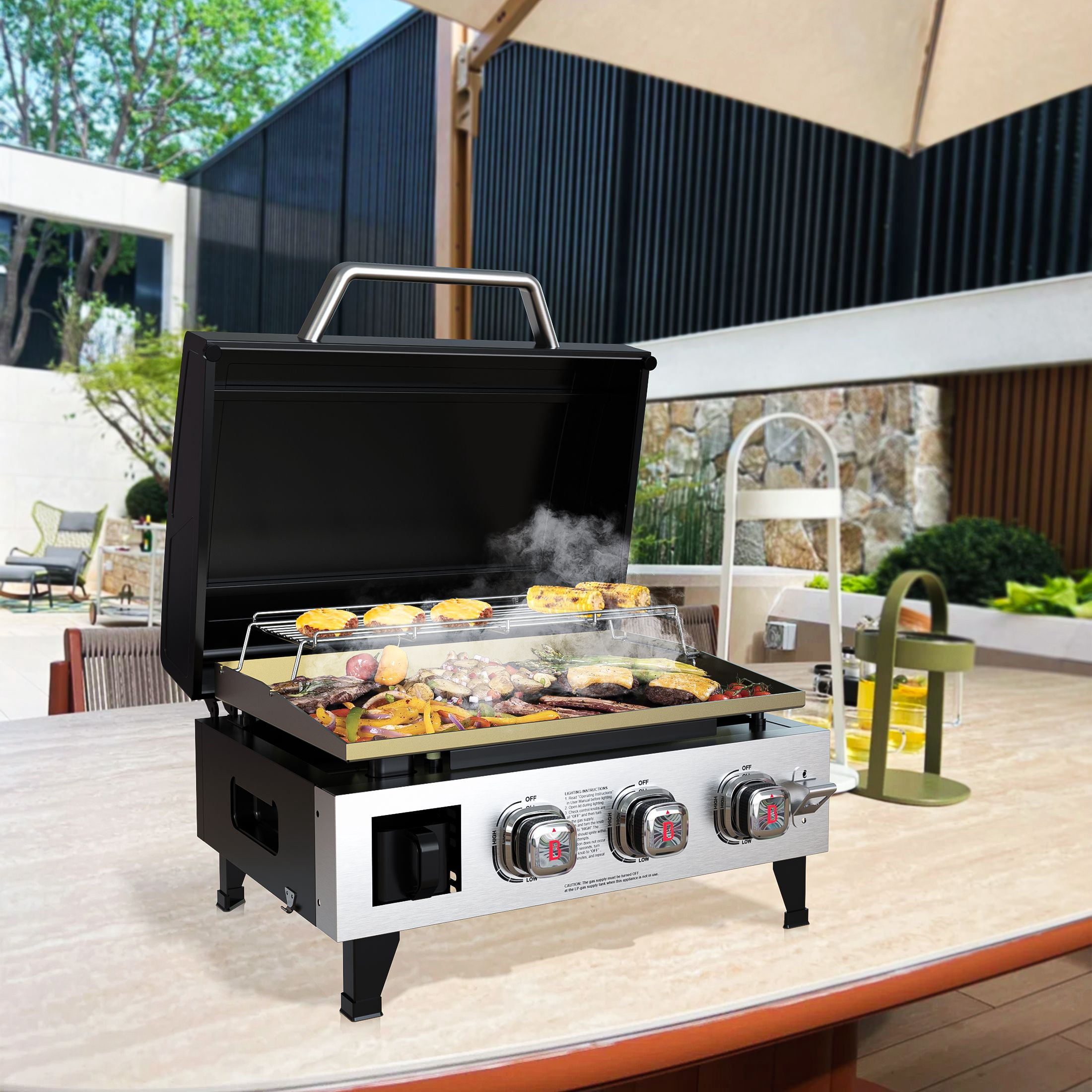 Brand Man 3-Burner Propane Gas Griddle Grill with High Lid, 504 Sq.In Flat Top Grill with Rolling Cart for Outdoor BBQ