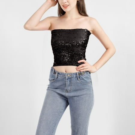 Clearance! pstuiky Tube Tops Women  Women S Solid Color Elastic Sequin Strapless Tube Top  Stylish Short Skirt Bandage Bra  Comfortable & Trendy For Summer Parties. Strapless Tops For Women