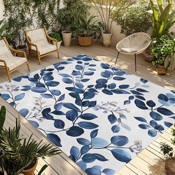 Blue Eucalyptus Leaves Outdoor Rug 4x6 Ft - Reversible Patio Rug Outdoor Camping Rugs, Spring Botanical Foliage Washable Indoor Outdoor Area Rugs, Non-Slip Outdoor Carpet Runner for Deck/Porch