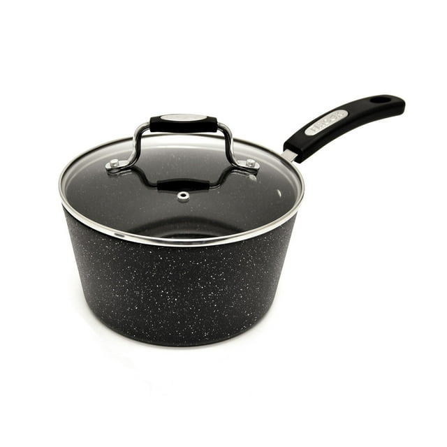 Starfrit The Rock 1.9L (2Qt) Non-Stick Saucepan with Lid - Durable Forged Aluminum - Oven Safe - PFOA Free - Easy to Clean - Black