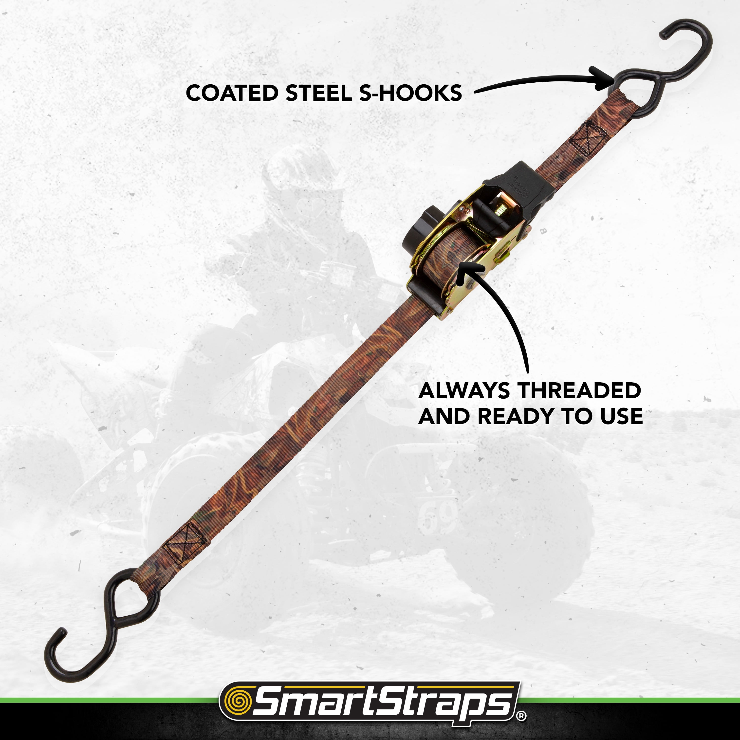 SmartStraps CamoX Retractable Ratchet Tie Down Straps, 1" x 6 ft, 500 lb Safe Work Load, 1,500 lb Break Strength, Standard Duty, 4-Pack