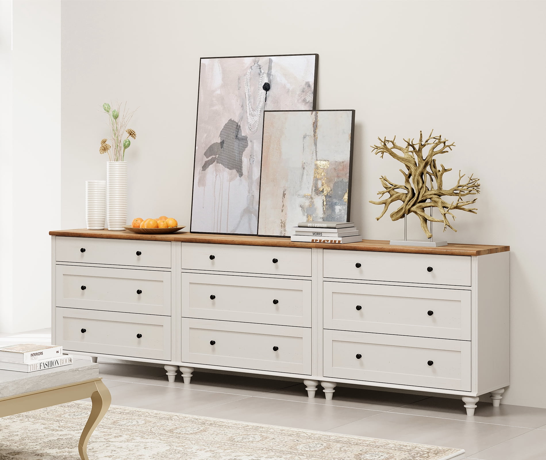 102" Dresser Cabinet with 9 Drawers, Mid-Century Modern Wooden Bedroom Closet Storage Organizer, Farmhouse Small Dressers Suitable for Living Room, Nursery, and Hallway, White