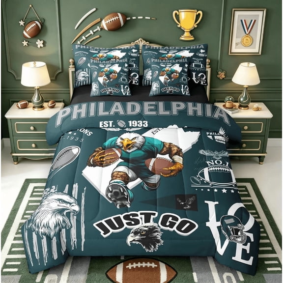 Catabedysis Football Theme Twin Bedding,Rugby Ball Sport Bedding Comforter Set,Black Reversible,7-Piece