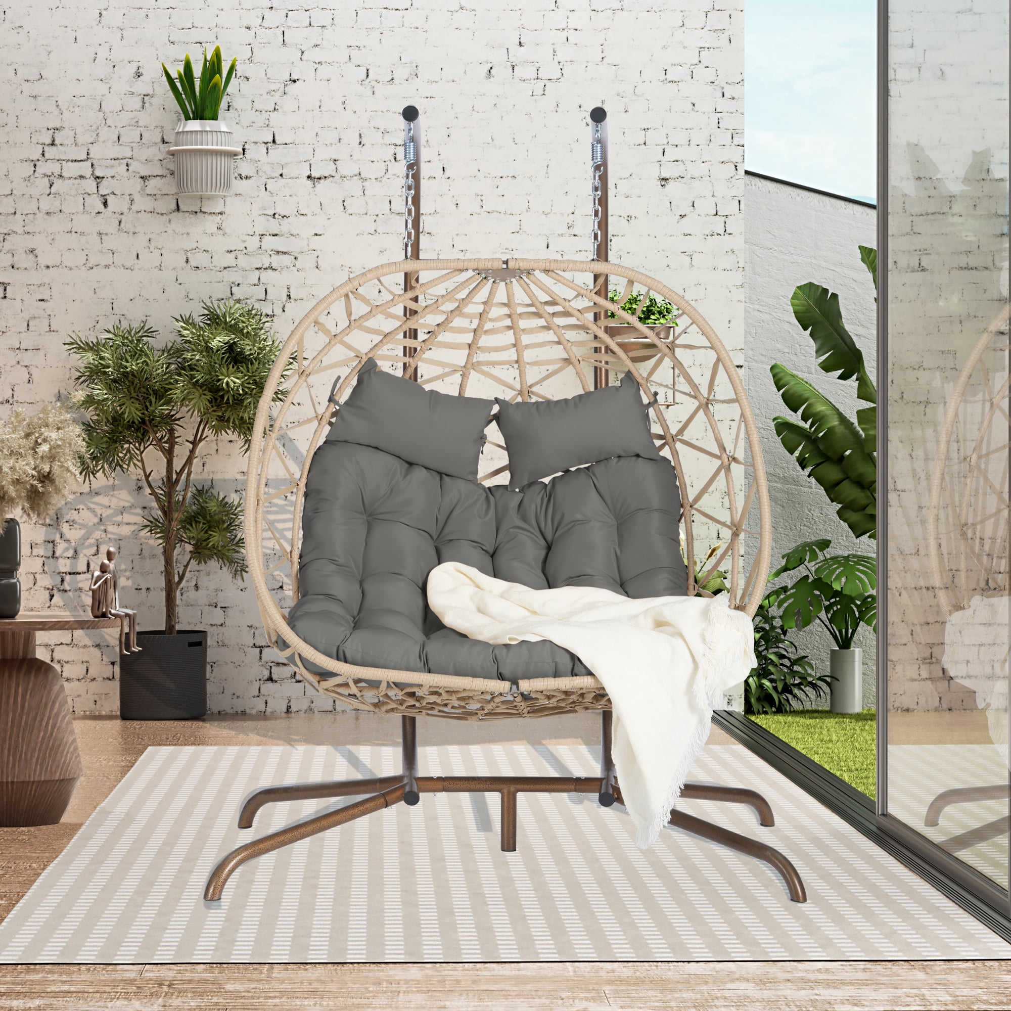 Leumius Double Egg Chair with Stand,Indoor Outdoor Wicker Swing Egg Hanging Chair with UV Resistant Cushions for Patio,Balcony,Porch,600 lbs,Natural+Dark Gray