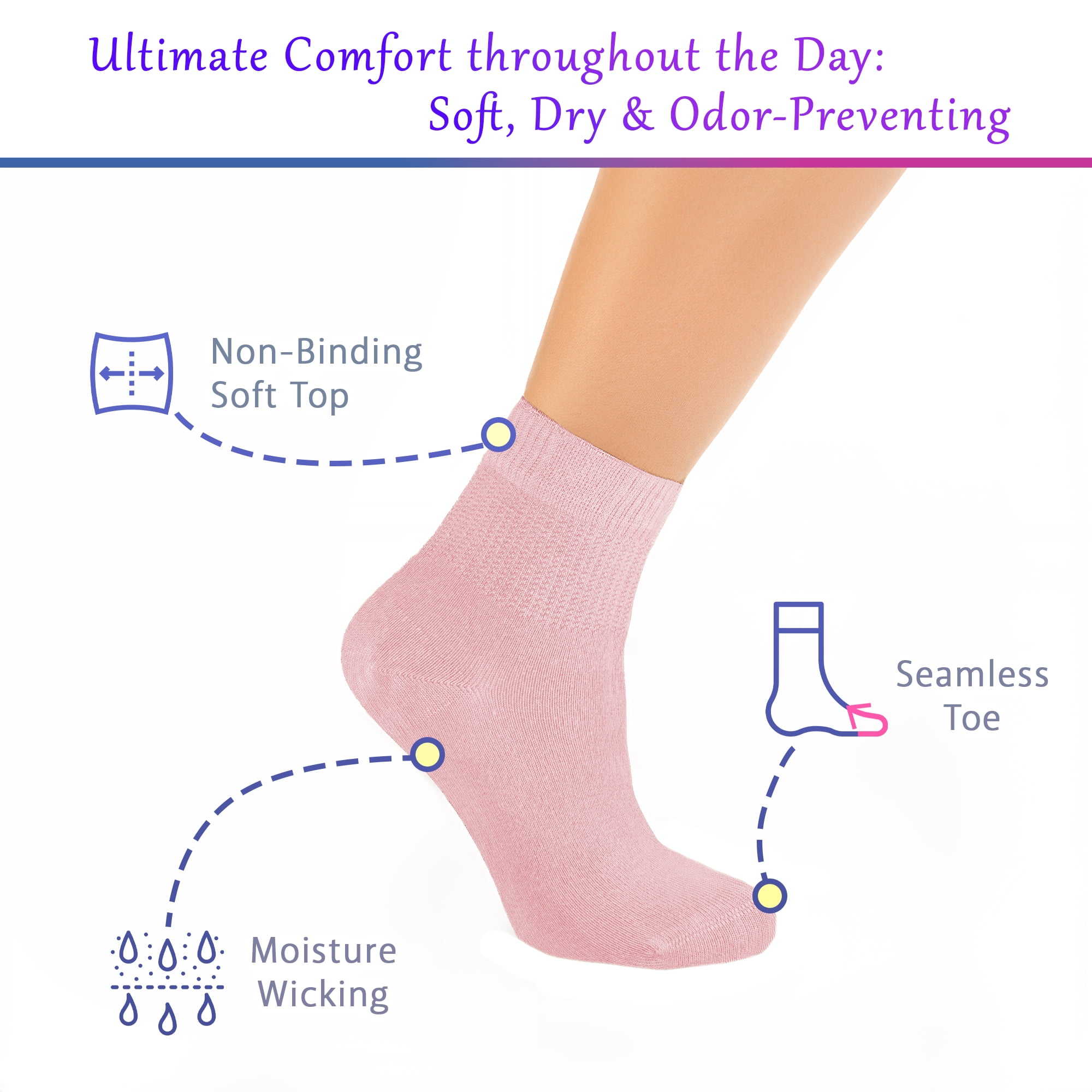 PureTwine Diabetic Socks for Women 4-6-8 Pair Neuropathy Ankle Socks for Ladies Super Soft Thin Bamboo Viscose Material Durable with Seamless Toe and Non-Binding Loose&nbsp;Top&nbsp;4&nbsp;Seasons