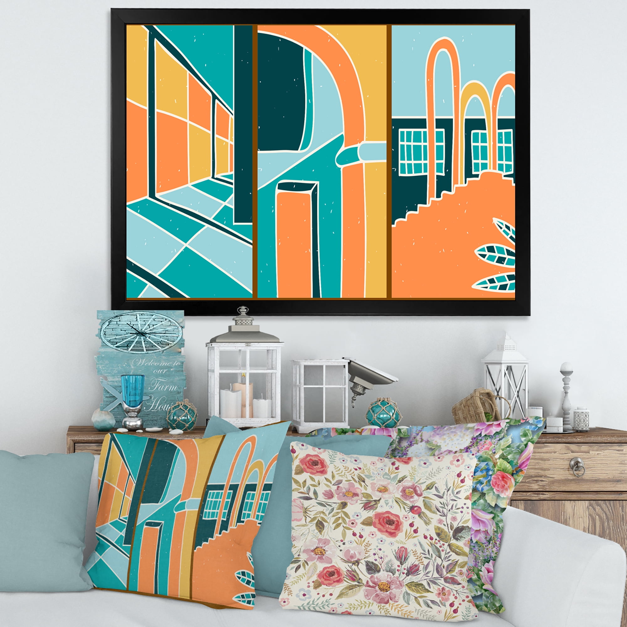 Designart 'Geometric Shapes Vintage Style Building Windows' Modern Framed Art Print