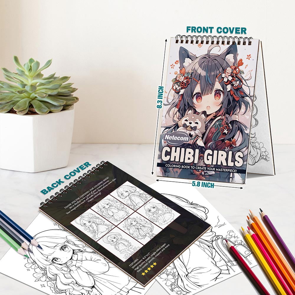 Netecom Chibi Girls Coloring Book Spiral Bound for Adults, A5 Wooden Cover, 30 Adorable Characters Coloring Pages of Fantasy Worlds for Stress Relief and Relaxation