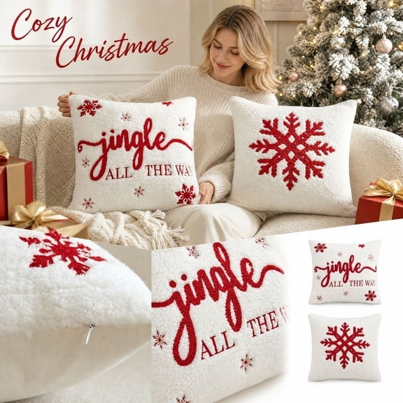 Christmas Embroidered Pillow Cover, 18x18 Inch Red Snowflake Letter Cushion Case, Double-Sided Holiday Soft Furnishing Red