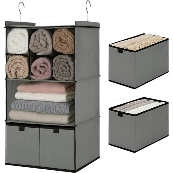 Hanging Closet Organizer with Drawers, 4 Shelf Dividers Closet Hanging Organizer, Foldable Hanging Shelves for Wardrobe Closet, Small Closet Organizers for Clothes Shoes, Grey