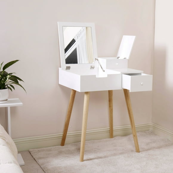 ViscoLogic Daphne Flip-Top Makeup Bedroom Vanity Table | White