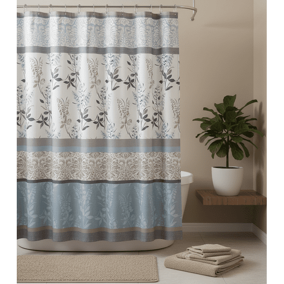 Serafina Home Hotel Quality Fabric Bathroom Shower Curtain: Farmhouse Floral Bordered Damask - Light Blue, Beige, and Grey (72 x 70 inches)