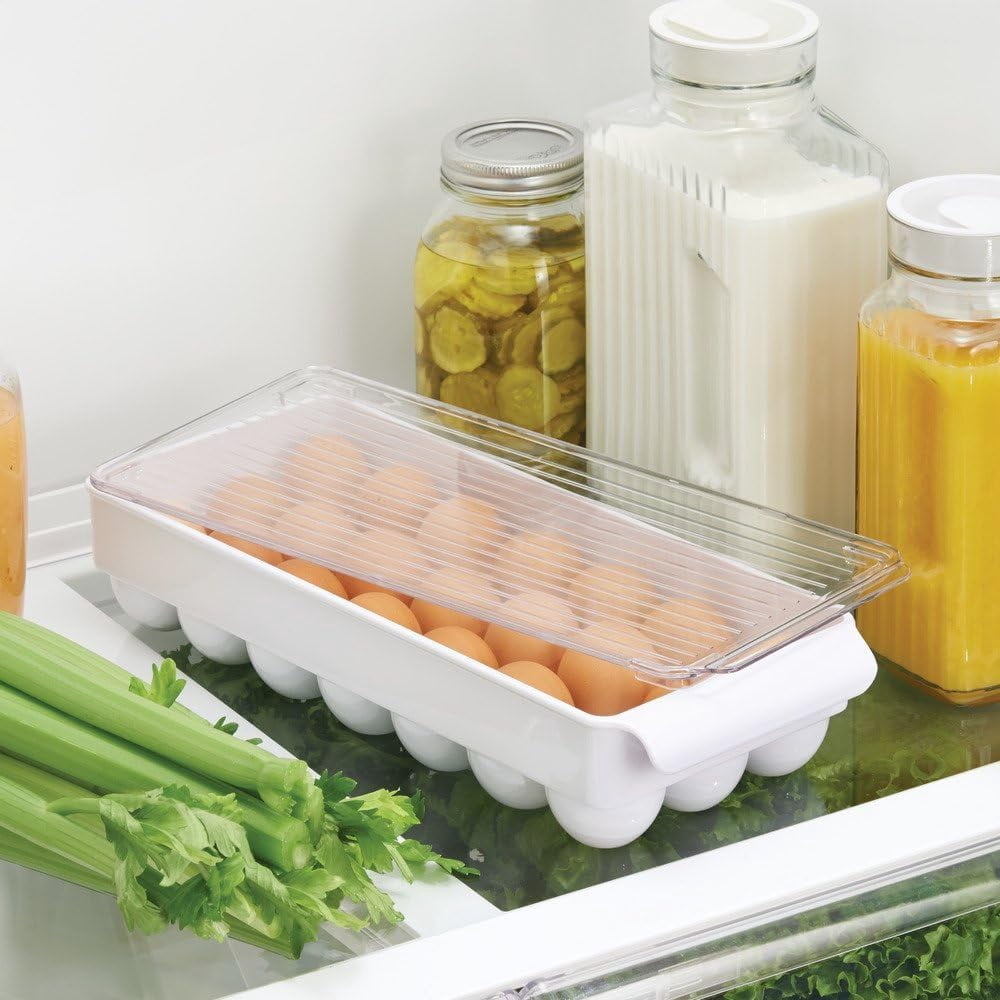 Plastic Egg Holder for Fridge with Lid - 21 Egg Storage Container Organizer Bin, Clear/White