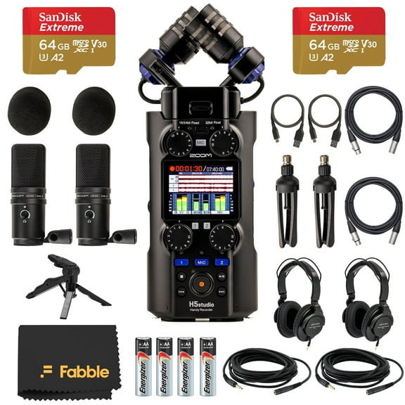 Zoom H5 Studio Handy Recorder Bundle with 2× ZDM-1 Podcast Mic Packs (Dynamic Mics, Headphones, Windscreens, XLR Cables, Stands), 64GB SD Cards, AA Batteries & Tripod Grip