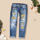 thumbnail image 4 of Gibobby Pantalones para mujer Pantalones de mezclilla para mujer Pantalones de pierna recta Pantalones rectos de cintura media con estampado rasgado de girasol(A,CH), 4 of 4