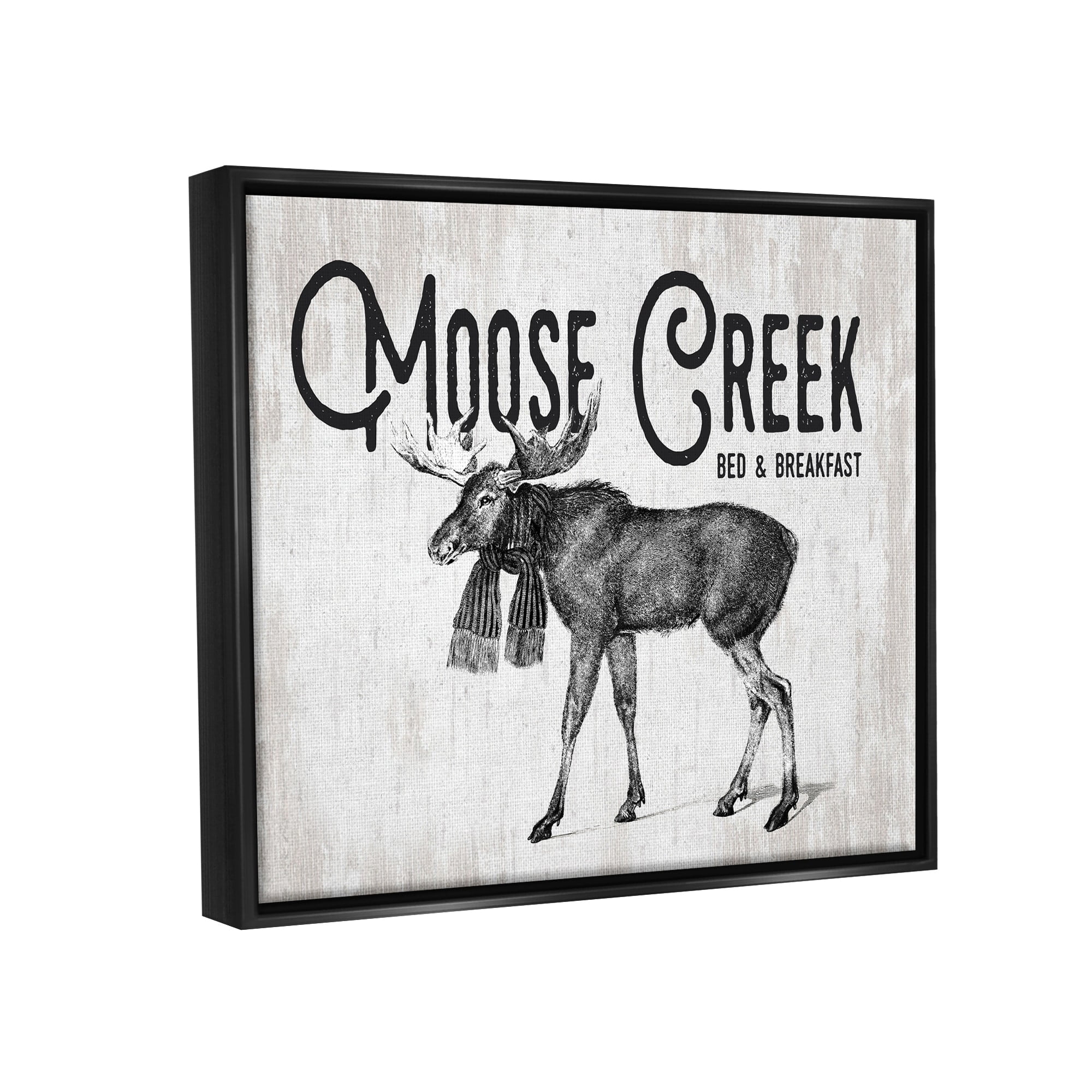 Stupell Industries Moose Creek Bed & Breakfast Rustic Wearing Scarf Graphic Art Jet Black Floating Framed Canvas Print Wall Art, Design by Lettered and Lined
