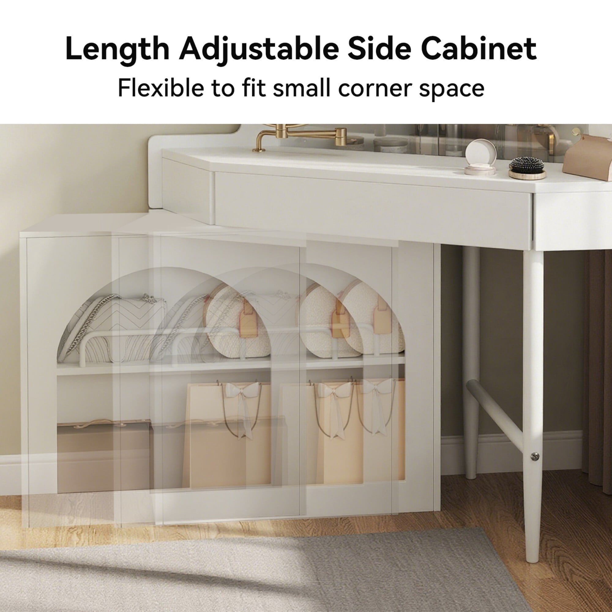 AENKYO Corner Makeup Vanity Desk with 360°Swivel LED Lighted Mirror, Movable Side Cabinet, Storage Drawers & Stool, White