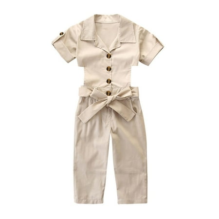 

QWERTYU Baby Toddler Kids Pocket Belt Button Romper for Girl Summer Clothes Overalls 2Y-7Y Khaki 110