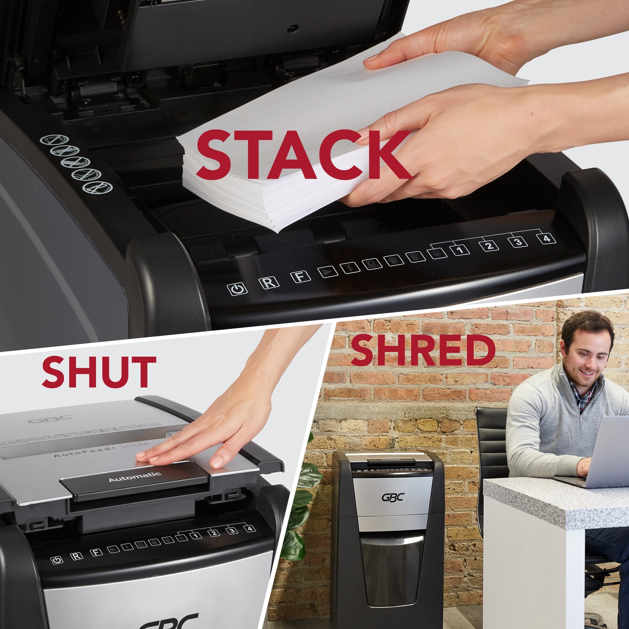 GBC, GBCWSM1757608, AutoFeed+ Office Shredder, 300X, Super Cross-Cut, 300 Sheets, 1 Each, Black