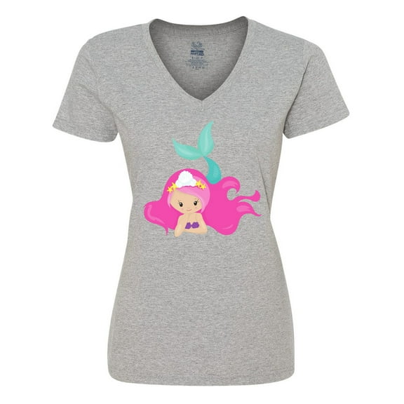 Inktastic Cute Mermaid, Pink Hair, Green Tail Women's V-Neck T-Shirt