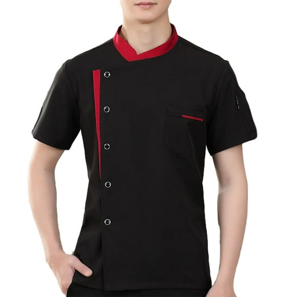 Thinsony Veste de Chef Homme Manteau de Chef Doux pour la Peau Uniformes de Chef Col Rond Pas Cher Manches Courtes Hauts Boulangerie Vêtements de Cuisine Tenue de Travail Noir G