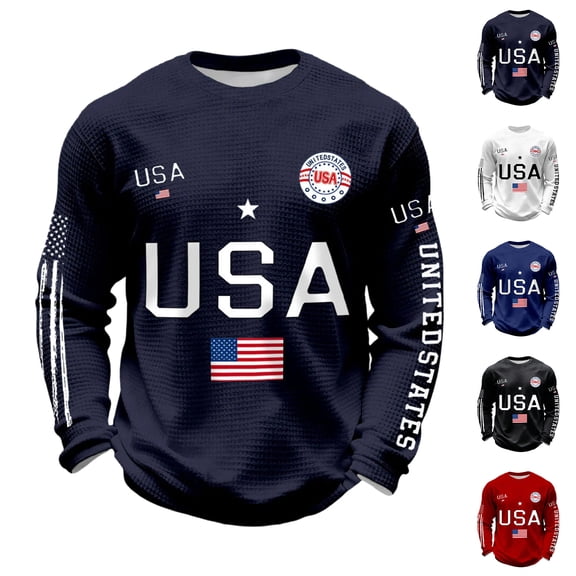 longantii Men's Sweatshirt USA Flag Patriotic Graphic Waffle American 250Th Anniversary Sweatshirt 1776-2026 Crewneck Pullover Navy M