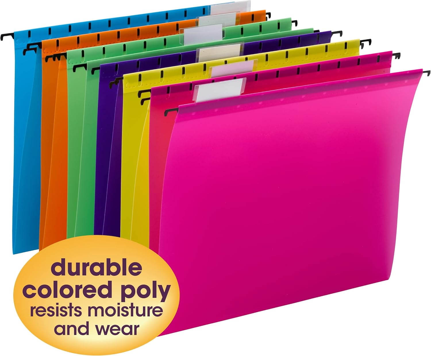 Poly Plastic Hanging File Folders for Documents with Tabs, Letter Size, 0.5 Inch Expansion, File Cabinet Organizer for Filing Cabinets, Assorted Bright Colors, 12 Pack, Office Supplies (64030)