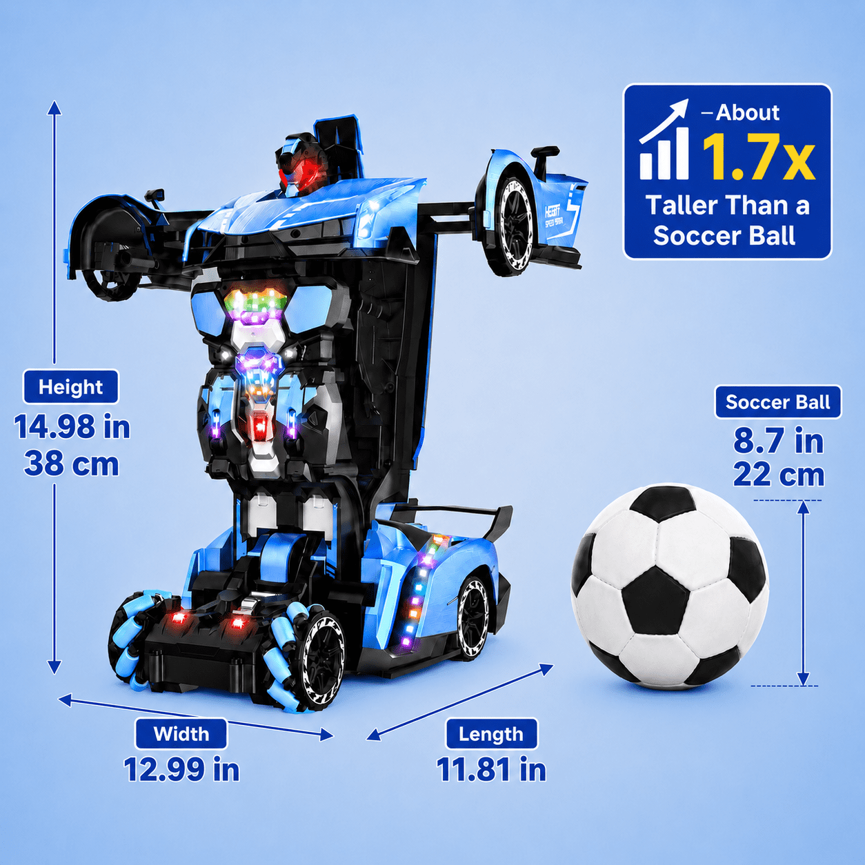 1:10 Big Size Transform RC Car for Kids, Gesture Sensing, One-Button Robot, LED Lights, Music & Fog Spray, Ages 5-12