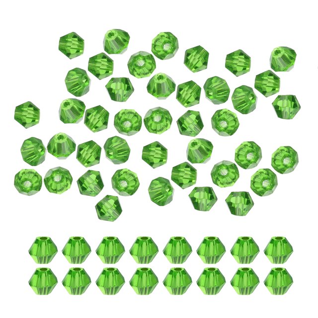 Uxcell 1600Pcs 4mm Bicone Glass Beads in green, featuring small faceted designs with a glossy finish. Made of durable, waterproof glass, these beads are ideal for jewelry making, craft supplies, and decorations. Includes 1600 beads measuring 4 x 4 x 0.9 mm.